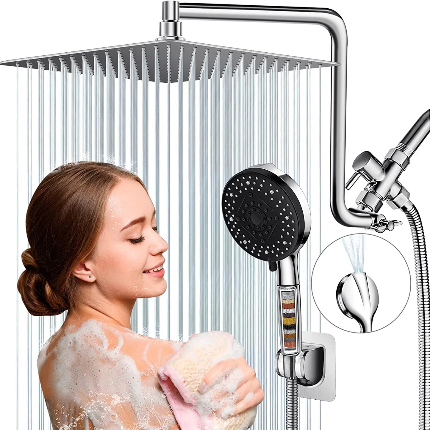 High Pressure Rainfall Shower Head 10 Settings Hand Shower Combo 10 Functions Handheld Showerhead Combo with 10 Inch Extension A