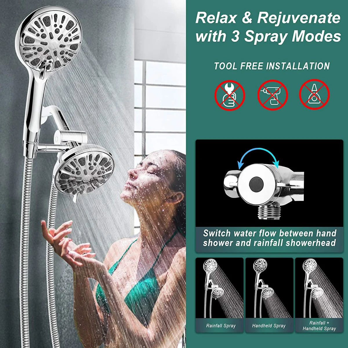 Hot Selling 9 Function Chrome ABS Spa Hand Shower and Overhead Rain Shower Combo with 3 Way diverter