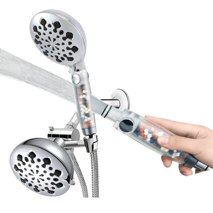 Rain Shower Head with Handheld Spray, Hard Water Filter Silver Filtered Shower Head  Holder with Hose  High Pressure