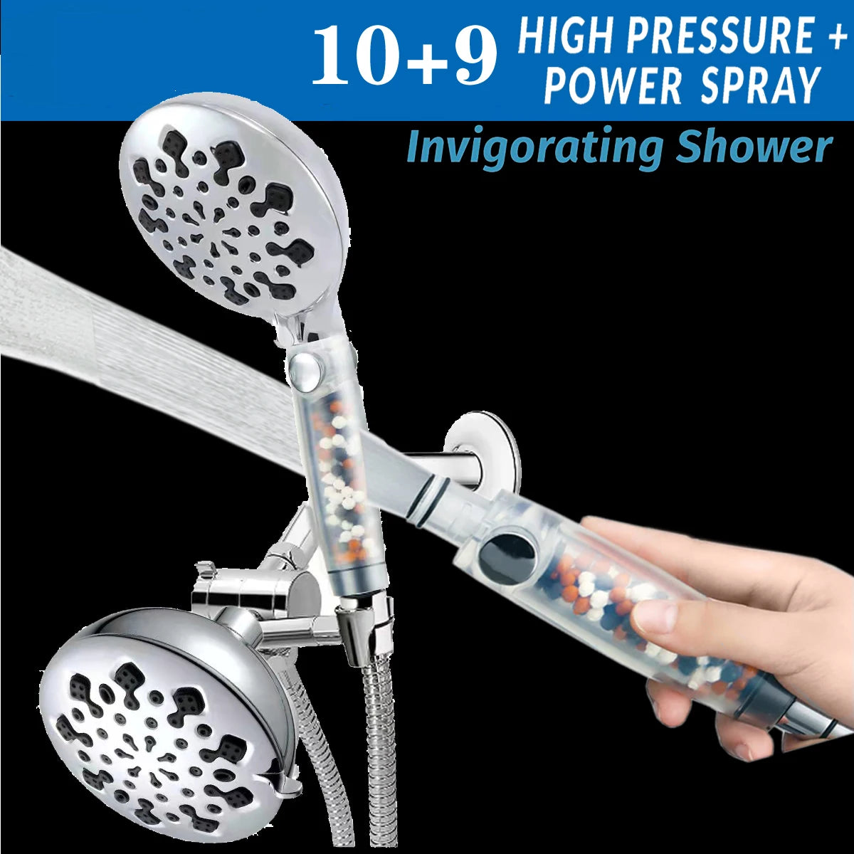 Rain Shower Head with Handheld Spray, Hard Water Filter Silver Filtered Shower Head  Holder with Hose  High Pressure