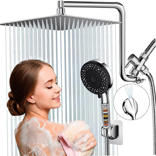 High Pressure Rainfall Shower Head 10 Settings Hand Shower Combo 10 Functions Handheld Showerhead Combo with 10 Inch Extension A