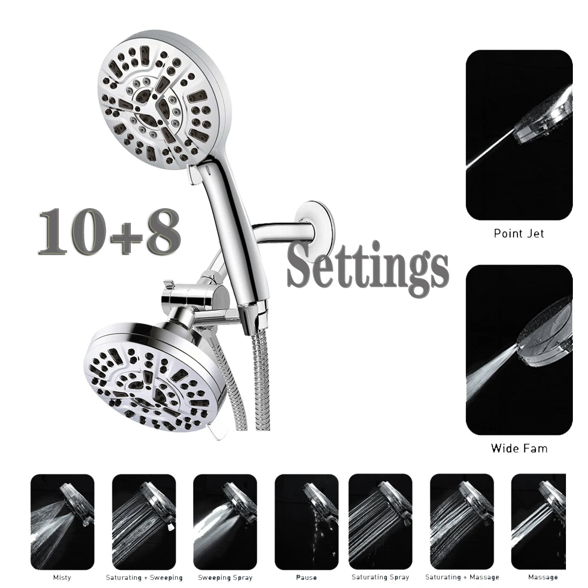 10+8 High Pressure Power Spray High Quality Hand Held Shower Head Holder Wall Mount ABS Chrome Plated Shower Head Combo