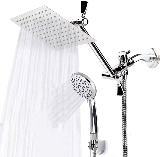 High Pressure Rainfall Shower Head Handheld Combo 9 Settings Stainless Steel Bath Showerhead Height/Angle Adjustable