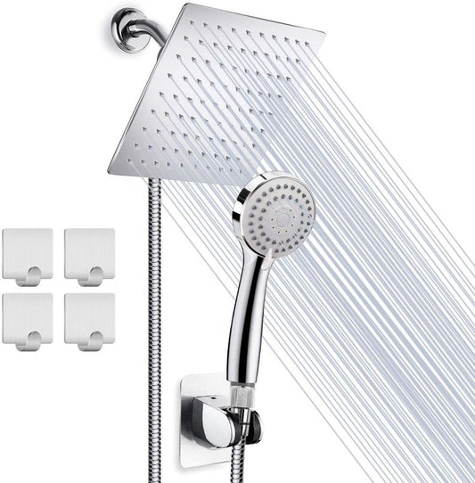 High Pressure 8'' Rainfall Stainless Steel Shower Head,Handheld Combo with 60'' Hose Anti-leak Shower head Powerful Spray