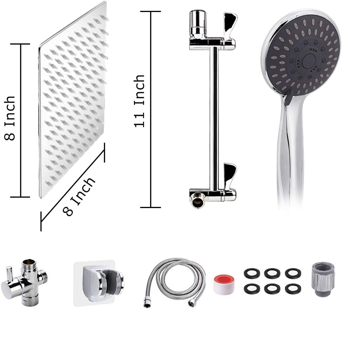 High Pressure 8'' Rainfall Stainless Steel Shower Head/Handheld Combo with hose Anti-leak Shower Head with Holder