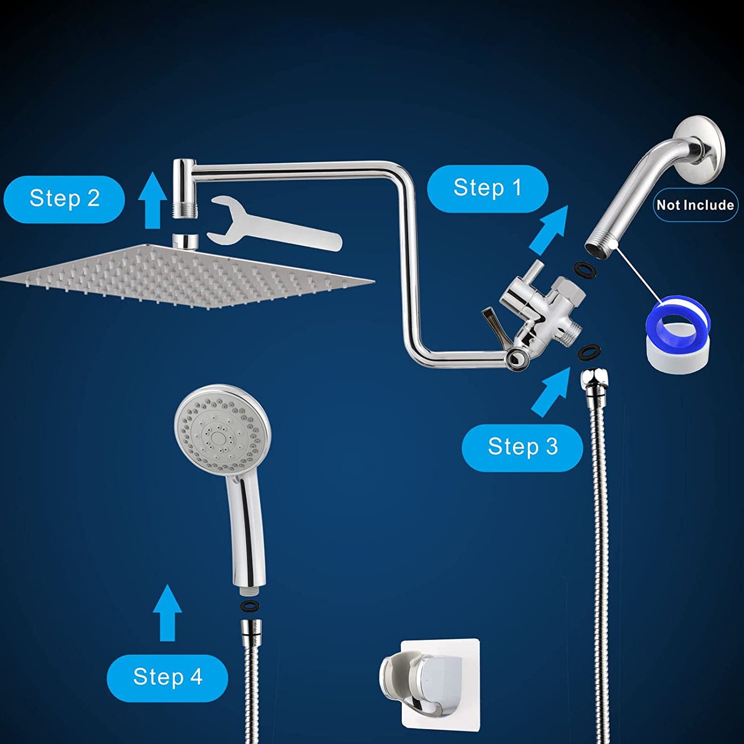 High Pressure Rain Shower Head with Adjustable Extension Arm and 5 Settings Handheld conceal Shower Head Combo